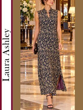 Laura Ashley | Vintage Mandarin Collar Floral Motif Maxi Shift Dress